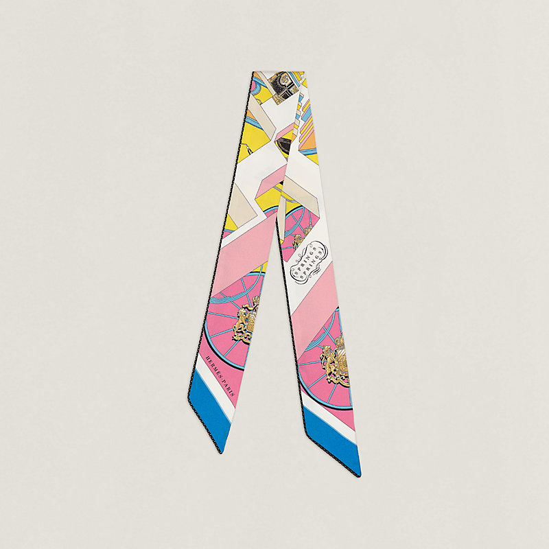 HERMES ツイリー　springs springs 2022 Hermes Springs Springs Blue Orange Print Silk Twilly Scarf